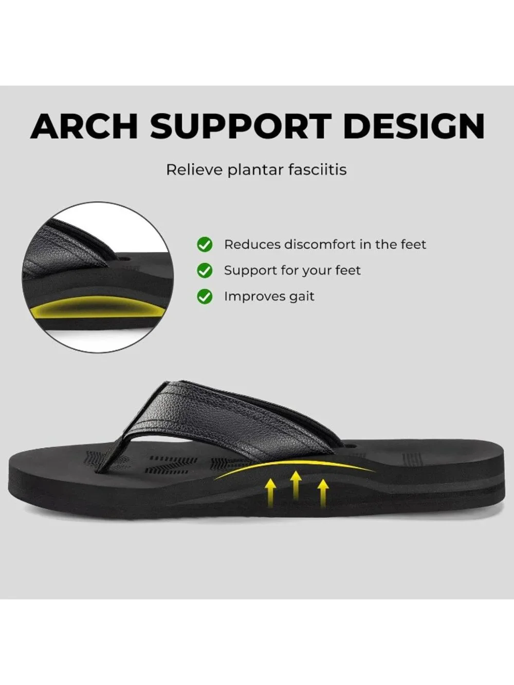 Men's All Black Flip Flops With Arch Support Summer Outdoor Beach Sandals